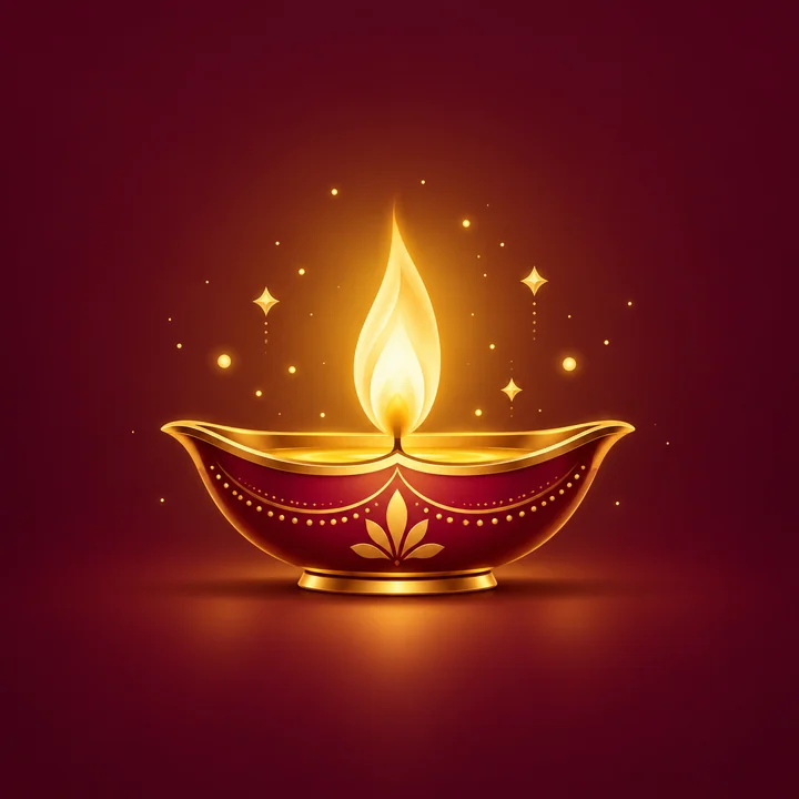 A glowing golden and maroon diya, a small Diwali oil lamp, with a bright flame and sparkles